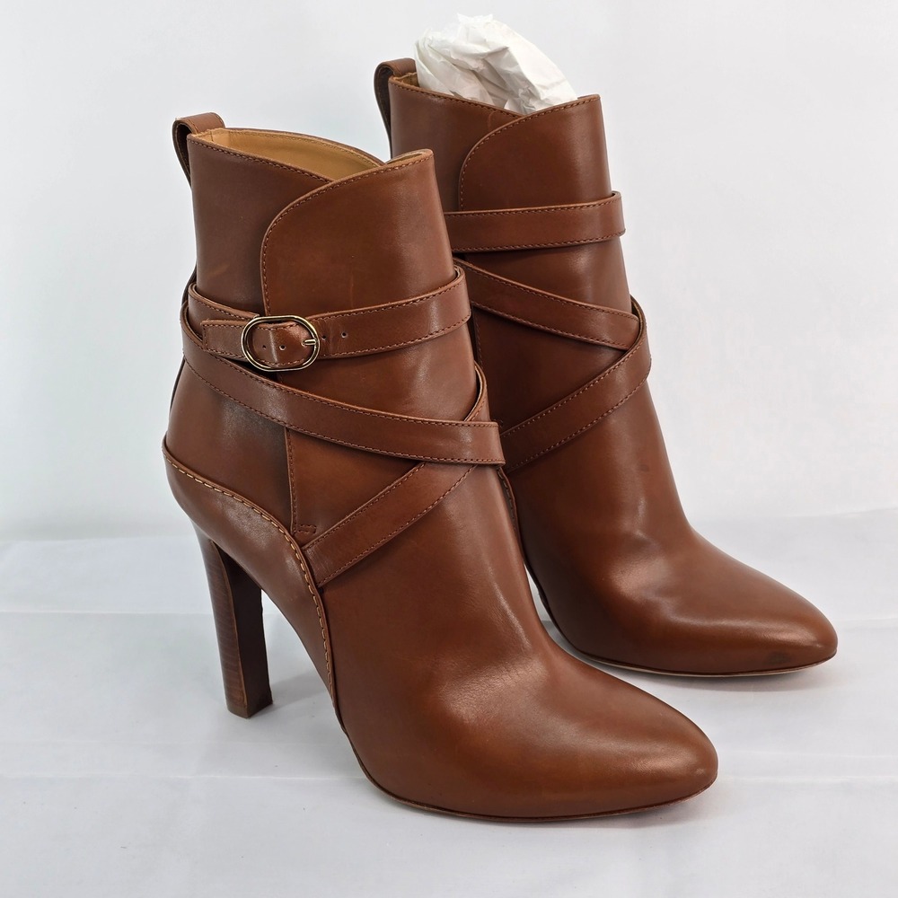 Ralph Lauren Purple Label Kourtney Burnished Calf Leather Ankle Boots Brown 37.5